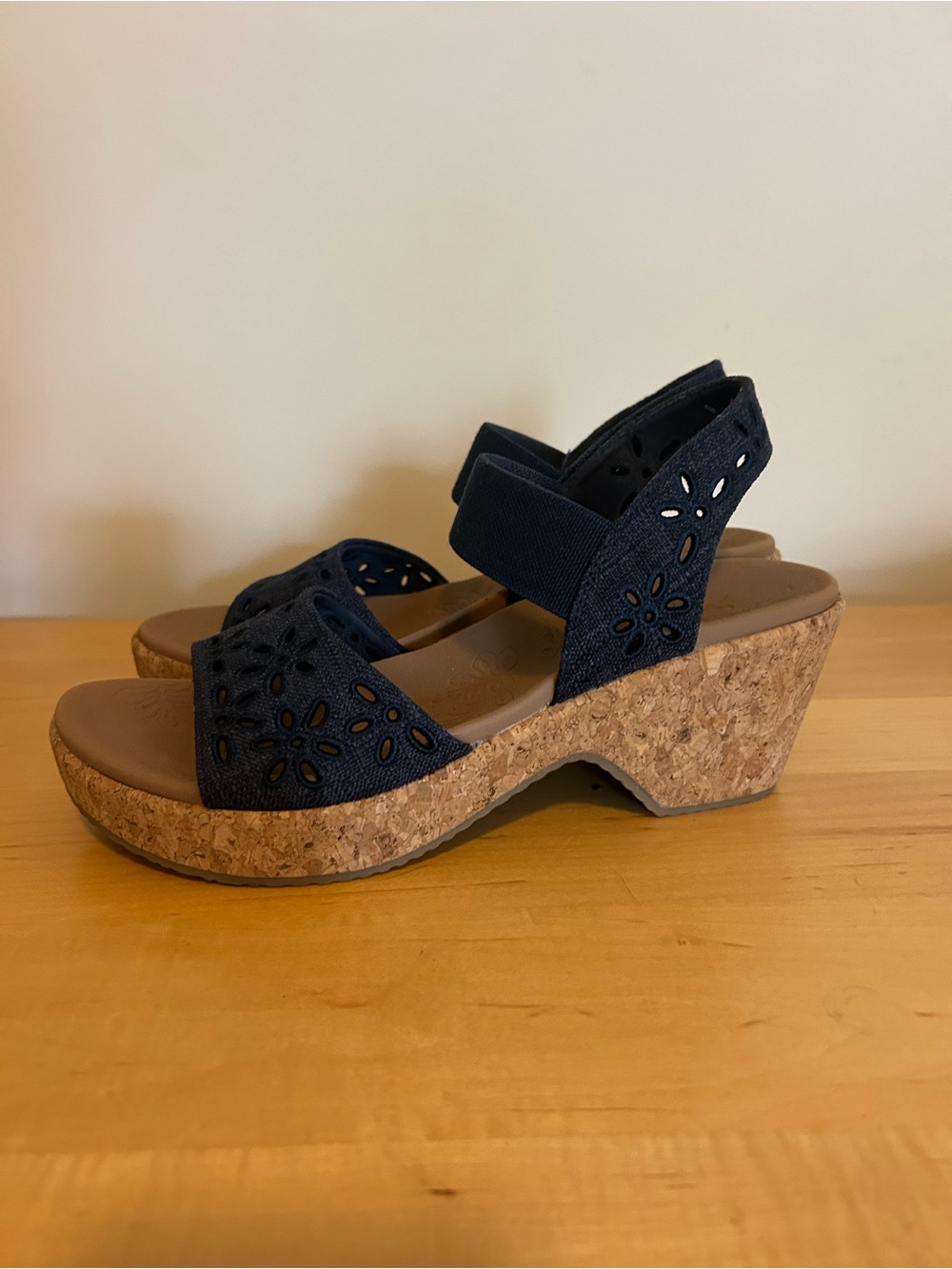 Skechers Navy Cork Wedge Sandals with Floral Cutouts